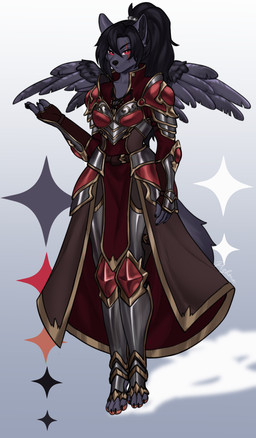 4_toes 5_fingers anthro armor biped black_body black_feathers black_fur black_hair black_tail black_wings bottomwear breasts claws clothed clothed_anthro clothed_female clothing eye_scar facial_scar feathered_wings feathers feet female finger_claws fingers front_view fully_clothed fully_clothed_anthro fully_clothed_female fur hair looking_at_viewer pawpads paws red_eyes scar simple_background solo tail toe_claws toes topwear wings pizhma canid canine mammal 2026 absurd_res digital_drawing_(artwork) digital_media_(artwork) hi_res model_sheet