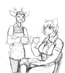 2021 anthro apron beverage cat_knight chair clothed clothing comic container cup deer deer_prince domestic_cat duo felid feline felis female furniture hi_res hladilnik male mammal monochrome serving simple_background sitting sketch smile standing tea tea_cup teapot