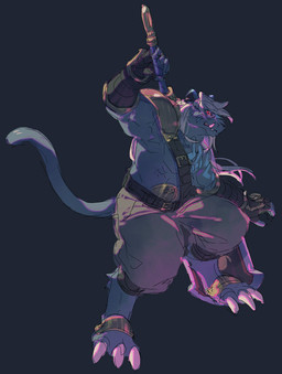 anthro armor belt black_body black_fur bottomwear claws clothing fur gauntlets gloves greatsword hair handwear male melee_weapon muscular muscular_anthro muscular_male paddle_sword pants pauldron red_eyes solo sword toe_claws weapon white_hair garrrzzz bandai_namco digimon digimon_beatbreak digimon_(species) murasamemon