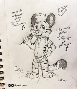 anthro briefs cheek_tuft cheese clothed clothing dairy_products electronics facial_tuft fangs food front_view hair holding_microphone holding_object logo male markings microphone navel open_mouth open_smile short_hair simple_background smile solo standing striped_arms striped_legs striped_markings striped_tail stripes tail tail_markings teeth text topless tuft underwear young young_anthro young_male pandapaco felid mammal artist_logo english_text full-length_portrait monochrome portrait signature traditional_media_(artwork)