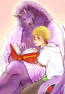 anthro blonde_hair blush book clothed clothing coat crossed_legs duo fur hair horn kemono male muscular muscular_male open_mouth reading short_hair topwear unknown_artist lifewonders tokyo_afterschool_summoners bathym_(tas) canid canine canis demon human mammal wolf hi_res source_request
