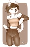 anthro biped black_hair black_nose clothed clothing female fur hair jacket looking_at_viewer midriff shirt solo spaghetti_strap standing tank_top topwear white_body white_fur wick_(artist) joel_(wick) canid canine canis domestic_dog korean_jindo mammal spitz 2019 digital_media_(artwork) hi_res monochrome portrait shaded three-quarter_portrait