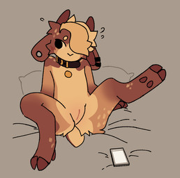 andromorph anthro bed blush blush_lines bodily_fluids brown_body brown_fur butt cellphone cloven_hooves collar collar_only countershade_torso countershading ear_piercing electronics eyebrows fur furniture gauged_ear genitals hair hooves horn intersex looking_aside looking_away markings nude nude_andromorph nude_anthro nude_intersex one_eye_obstructed phone piercing pillow presenting presenting_vulva scut_tail short_tail simple_background smartphone solo spots spotted_body spotted_butt spotted_fur spotted_shoulders sweat sweatdrop tail tan_body tan_countershading tan_eyebrows tan_fur tan_hair tan_spots vulva ruedeath rowan_(ruedeath) bovid caprine goat mammal 2021 digital_drawing_(artwork) digital_media_(artwork) nonbinary_(lore)