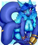 anthro blue_body blue_eyes blue_hair blue_scales blue_tongue breasts claws featureless_breasts female hair horn scales simple_background solo tail tongue amethystdust mythology quirin_vaeros dragon mythological_creature mythological_scalie scalie hi_res