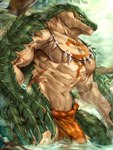 abs anthro bulge claws clothing countershade_arms countershade_face countershade_legs countershade_torso countershading detailed_bulge green_body green_eyes green_scales jewelry looking_away male muscular muscular_anthro muscular_male navel necklace necklace_only nude orange_clothing orange_underwear outside partially_submerged scales scar snaggle_tooth solo tan_body tan_scales tattoo teeth underwear vein veiny_muscles water rabbity overlord_(series) zenberu_gugu crocodilian lizard lizardman lizardman_(overlord) reptile scalie 2022 3:4 absurd_res hi_res