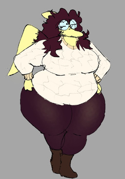 anthro back_wings big_breasts boots breasts brown_hair clothing curly_hair eyewear female footwear glasses hair leggings legwear morbidly_obese obese overweight shoes solo standing sweater thick_thighs topwear wings monoderg whitney_benedict prehistoric_species pterosaur reptile scalie