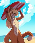 anthro beach blonde_hair breasts casual_nudity countershading dipstick_tail ear_piercing female fur genitals hair inner_ear_fluff looking_at_viewer markings nipple_piercing nipples nude nude_beach orange_body orange_fur piercing pussy seaside smile solo surfboard tail tail_markings tuft merlinmakes freyja_(merlin) domestic_cat felid feline felis mammal 2022 absurd_res hi_res portrait three-quarter_portrait