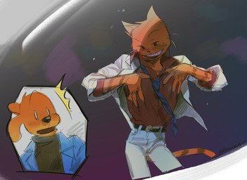 anthro biped clothing duo eyewear freckled_face freckles fur furniture male orange_body orange_fur photo sofa suit yellow_body yellow_fur frune_ei01 dog_man_(series) dog_man_(character) petey_the_cat canid canine canis domestic_cat domestic_dog felid feline felis mammal 2025 hi_res