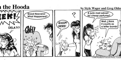 breasts clothed clothed_female clothing dialogue eyewear female fur furniture glasses gloves_(marking) hair markings question_mark sofa text style_wager dela_the_hooda dela_aldershaw sue_chan_(dela_the_hooda) canid canine fox hooda human mammal 1998 comic english_text greyscale monochrome