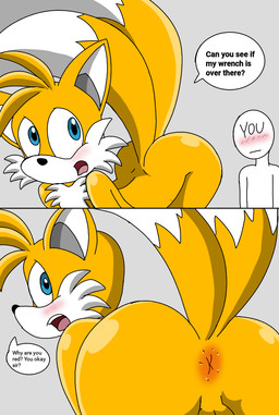 2_tails anthro anus balls big_butt blue_eyes blush butt duo genitals grey_background male multi_tail presenting presenting_anus presenting_hindquarters raised_tail simple_background speech_bubble tail text thick_thighs yellow_body spanky15 sega sonic_the_hedgehog_(series) miles_prower canid canine fox mammal comic english_text