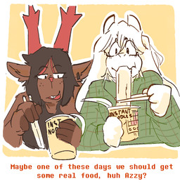 chopsticks dialogue duo ear_piercing ear_ring eating eyewear female food glasses horn noodles piercing ramen ring_piercing text catjamn deltarune undertale undertale_(series) asriel_dreemurr dess_holiday dess_holiday_(catjamn) mettaton bovid caprine deer goat mammal 2025 english_text trans_(lore) trans_woman_(lore)