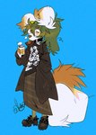 anthro big_ears big_tail blue_background bottomwear brown_eyebrows clothing container cup eyebrow_through_hair eyebrows eyes_closed eyewear female fishnet_clothing fishnet_legwear footwear glasses green_hair hair head_sprout holding_container holding_cup holding_mug holding_object legwear mug round_glasses shoes simple_background skirt solo spiked_clothing spiked_footwear spiked_shoes spikes sprout_(plant) tail translucent translucent_hair wearing_glasses leafie canid canine canis domestic_dog mammal hi_res signature