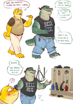 anthro ball_gag beverage_can bottomwear buttplug chain_necklace clothed clothed_anthro clothed_male clothing cuff_(restraint) denim denim_bottomwear denim_clothing dialogue dildo duo eyewear facial_piercing floating_eyebrows fully_clothed fully_clothed_anthro fully_clothed_male gag glasses green_body green_scales handcuffs jeans jewelry male mature_male metal_cuffs musclegut muscular necklace nose_piercing nose_ring overweight overweight_anthro overweight_male pants piercing plug_(sex_toy) restraints ring_piercing scales sex_dungeon sex_toy shirt speech_bubble t-shirt tail tank_top text thick_neck thick_tail topwear torn_bottomwear torn_clothing torn_jeans torn_pants wearing_glasses banana_da_boi crocodile crocodilian lizard reptile scalie absurd_res english_text hi_res