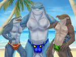 anthro balls_outline beach bulge clothing detailed_bulge genital_outline gradient_background group looking_at_viewer male male/male nipples palm_tree penis_outline plant sea seaside simple_background smile smiling_at_viewer swimwear teeth tree trio tropical water weso disney finding_nemo pixar anchor_(finding_nemo) bruce_(finding_nemo) chum_(finding_nemo) fish great_white_shark ground_shark hammerhead_shark mackerel_shark mako_shark marine shark white_shark 4:3 absurd_res hi_res