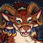 4_ears 4_horns anthro eyewear fangs female glasses horn multi_ear multi_horn solo teeth tongue tongue_out vateo guild_wars vateo_(character) charr felid mammal 1:1 low_res portrait