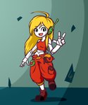 5_fingers blonde_hair breasts clothed clothing eyelashes female fingers footwear gesture hair hand_gesture long_hair looking_at_viewer machine midriff not_furry open_mouth raised_leg shoes solo standing v_sign limehazard cave_story curly_brace android robot digital_media_(artwork) hi_res