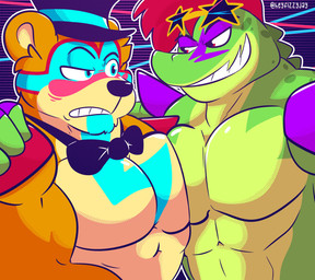 abs abstract_background anthro arm_around_shoulders big_muscles big_pecs blue_eyes bow_tie clothing duo eyebrows eyewear eyewear_on_head facial_markings fingerless_gloves frown fur glasses gloves green_body hair hand_on_shoulder handwear hat head_markings headgear headwear looking_at_another male markings mohawk muscular muscular_anthro muscular_male narrowed_eyes nude orange_body pec_squish pecs raised_eyebrow red_eyes shoulder_pads smile squish sunglasses sunglasses_on_head teeth text top_hat tuft fizzyjay five_nights_at_freddy's five_nights_at_freddy's:_security_breach scottgames steel_wool_studios glamrock_freddy montgomery_gator alligator alligatorid bear crocodilian mammal reptile scalie 2022 digital_media_(artwork) hi_res url