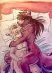 anthro bed breasts brown_body brown_fur cuddling duo female fur furniture male muscular muscular_female pillow size_difference sleeping smile tan_body tan_fur yellow_eyes mrease twokinds keith_keiser natani basitin canid canine canis keidran mammal wolf 2018 painting_(artwork) traditional_media_(artwork) watercolor_(artwork)