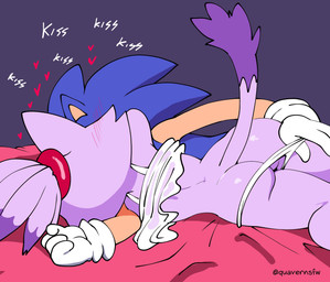 anthro bed blue_body blue_fur blue_quills blush blush_lines bubble_butt butt cat_tail clothing cuddling dipstick_tail duo female floating_heart fur furniture glistening glistening_butt gloves handwear heart_symbol kissing lying lying_on_bed making_out male male/female markings obscured_face on_bed onomatopoeia partially_clothed_anthro partially_clothed_female pulling_down_panties purple_body purple_fur purple_hair_tips purple_tail_tip quills_(anatomy) red_hairband shirt sound_effects tail tail_markings tan_arms tan_inner_ear text topwear translucent translucent_clothing translucent_shirt translucent_topwear undressing_another white_clothing white_gloves white_handwear quavernsfw sega sonic_the_hedgehog_(series) blaze_the_cat sonic_the_hedgehog domestic_cat eulipotyphlan felid feline felis hedgehog mammal 2026 digital_media_(artwork) hi_res