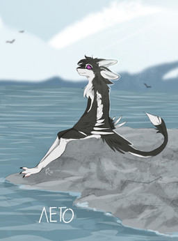 3_fingers 3_toes 4_ears ambient_silhouette ambiguous_gender anthro biped black_body black_claws black_feathers black_fur black_sclera black_tail black_toe_claws blurred_background chest_tuft claws cloud countershading day detailed_background digitigrade feathered_wings feathers feet fingers fur hair long_tail looking_aside mouth_closed multi_ear multicolored_body multicolored_fur nude nude_anthro outline outside pawpads paws pink_pawpads purple_eyes rock sea side_view sitting sky slim smile solo tail tail_tuft text toe_claws toes tuft tufted_fur water white_body white_feathers white_fur white_inner_ear white_wings winged_arms wings grifon fyr_(fenrir784) ambient_bird ambient_flier avali avian bird 2026 absurd_res colored digital_drawing_(artwork) digital_media_(artwork) full-length_portrait hi_res portrait russian_text shaded signature translated