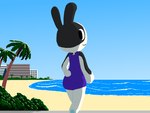 2021 4:3 :3 animal_crossing anthro beach big_butt black_body black_fur blue_pawpads blue_sky building butt clothed clothing domestic_rabbit dotty_(animal_crossing) dutch_rabbit feet female fur hand_on_hip lagomorph leporid looking_at_viewer looking_back mammal multicolored_body multicolored_fur nintendo nonyammychoko oryctolagus palm_tree pawpads paws plant rabbit rear_view sand sea seaside shaded shadow shrub sky smile soles solo standing tree water white_body white_fur wide_hips
