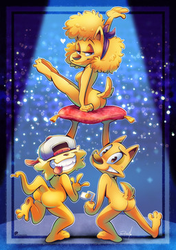 3_toes 4_fingers anthro blonde_hair bodily_fluids breasts brown_body butt clothing feet female fingers flag flag_(object) group hair hat hat_only headgear headgear_only headwear headwear_only holding_character holding_flag holding_object looking_at_viewer looking_back looking_back_at_viewer male mostly_nude nude on_pillow pawpads pillow simple_background sitting smile standing sweat sweatdrop tail toes vaporotem canid mammal 2024 digital_media_(artwork) hi_res