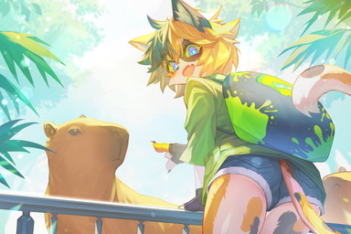 ambiguous_gender anthro backpack bottomwear butt clothed clothed_anthro clothed_female clothing cute_fangs denim denim_bottomwear denim_clothing denim_shorts duo_focus fangs female female_anthro feral fur gesture group hair hand_gesture kemono looking_at_viewer looking_back looking_back_at_viewer looking_down looking_down_at_viewer low-angle_view open_mouth pointing shorts tail teeth tongue trio gilmang nintendo splatoon calico_cat capybara caviid domestic_cat felid feline felis mammal rodent 2024 absurd_res digital_media_(artwork) hi_res