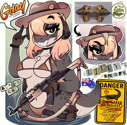 anthro assault_rifle australian_flag big_breasts bikini blonde_hair breasts brown_bikini brown_body brown_clothing brown_swimwear clothing collarbone combat_knife dialogue dog_tags electronics eyebrow_through_hair eyebrows eyelashes female fingerless_gloves gloves gun hair handwear hat headgear headphones headwear knife navel non-mammal_breasts partially_submerged ranged_weapon rifle sign solo speech_bubble swimwear tan_body text topwear translucent translucent_hair two-piece_swimsuit vest weapon wireless_shiba lilly_snaps alligator alligatorid crocodilian reptile scalie 2026 absurd_res digital_media_(artwork) english_text hi_res