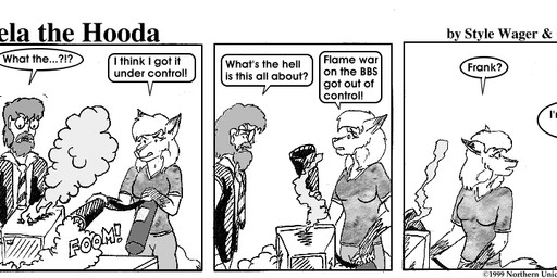 anthro beard breasts clothed clothed_female clothed_male clothing computer dialogue dipstick_ears duo ear_markings ears_back electronics eyewear facial_hair female fire fire_extinguisher fur furniture glasses gloves_(marking) hair male markings multicolored_ears pivoted_ears shirt table text topwear style_wager dela_the_hooda dela_aldershaw frank_dunn canid canine fox hooda human mammal 1999 comic english_text greyscale monochrome