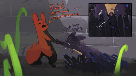 anthro black_body black_countershading countershading digitigrade duo fellatio grass hand_grab male oral penile plant purple_body red_body semi-anthro sex shaking sucking tail tan_body tan_countershading tentacles text thick_tail tugging wall_(structure) cocofish rain_world videocult slugcat worm_grass_(rain_world) 16:9 absurd_res hi_res widescreen