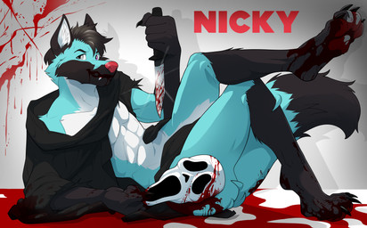 abs anthro arm_support athletic big_butt big_feet black_body black_clothing black_ears black_fur black_hair blood blood_in_mouth blood_on_clothing blood_on_face blood_on_foot blood_on_hand blood_on_knife blue_body blue_fur bodily_fluids butt cheek_tuft cloak clothing facial_tuft feet fluffy fluffy_ears fluffy_tail fur fuzzy grey_eyes hair heterochromia huge_butt knife leaning_on_elbow lying male mask mohawk muscular muscular_anthro muscular_male muscular_thighs on_side pecs purple_eyes red_nose side_view solo tail toned_body toned_male tuft white_body white_fur wide_hips pechensen scream_(films) ghostface_(scream) nicolas_delgado canid canine canis coyote domestic_dog fox german_shepherd herding_dog husky hybrid mammal maned_wolf nordic_sled_dog pastoral_dog spitz absurd_res hi_res