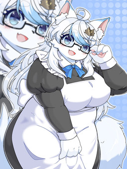 4_fingers accessory adjusting_glasses anthro big_breasts blue_body blue_ear_tip blue_eyes blue_fur blue_hair_tips blush blush_lines bow_ribbon braided_hair breasts claws clothing clothing_grab dipstick_ears dotted_background ear_markings eyebrow_through_hair eyebrows eyelashes eyewear female finger_claws fingers fluffy fluffy_tail fur glasses hair hair_accessory hairpin half-rim_glasses inner_ear_fluff kemono long_hair looking_at_viewer maid_uniform multicolored_body multicolored_ears multicolored_fur multicolored_hair open_mouth open_smile pattern_background pawpads simple_background slightly_chubby slightly_chubby_anthro slightly_chubby_female smile solo tail thick_eyebrows thick_thighs translucent translucent_hair tuft uniform white_body white_eyebrows white_fur white_hair wide_hips yuebandaozhang felid feline mammal 2025 3:4 hi_res portrait three-quarter_portrait