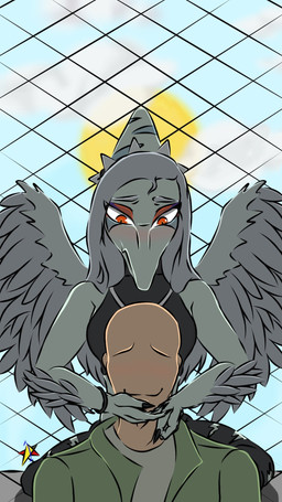 amber_eyes anthro bald black_bottomwear black_clothing black_jeans black_pants blue_sky blush bottomwear bracelet chain-link_fence claws clothing crop_top denim denim_bottomwear denim_clothing detailed_background duo elbow_feathers eyelashes eyeliner feathered_wings feathers female fence fingers grey_body grey_hair grey_scales hair halter_top jacket jeans jewelry light-skinned_male light_body light_skin long_hair makeup male male/female midriff necklace outside pants scales shirt sky smile snout sun topwear torn_bottomwear torn_clothing torn_jeans torn_pants wings 1tiposintalento cavemanon_studios goodbye_volcano_high ko_op_(game_developer) snoot_game anon_(snoot_game) fang_(gvh) human mammal prehistoric_species pterosaur reptile scalie 2023 9:16 digital_drawing_(artwork) digital_media_(artwork) hi_res