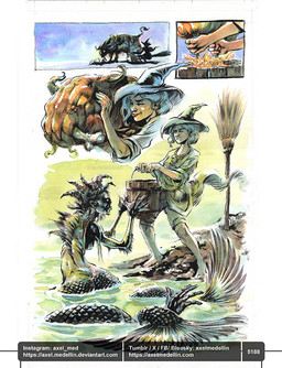 2_horns 5_fingers arms_bent barefoot black_tail blue_clothing blue_hair blue_hat blue_headwear bone bone_in_mouth bottomwear bovine_teats bovine_udders breasts broom bucket cleaning_tool closed_smile clothed clothed_female clothed_human clothing container curled_horn empty_eyes feet female female_feral female_human female_humanoid feral fin fingers fully_clothed fully_clothed_female fully_clothed_human giving_bucket green_body green_bottomwear green_clothing green_horn green_shirt green_shorts green_skin green_topwear grey_body grey_scales group hair hat headgear headpat headwear holding_bucket holding_container holding_object horn light magic_user medium_hair messy_hair milk morning mouth_closed number orange_body orange_sclera orange_skin outside partially_submerged plant quadruped scales shirt shorts simple_background sitting_on_broom smile split_form standing tail tail_fin tan_body tan_skin teats text text_box topwear udder_milking udders unimpressed water white_background witch witch_hat axelmedellin inktober witch_(axelmedellin) aquatic bovid bovine cattle elemental_creature flora_fauna human humanoid hybrid mammal merfolk siren 2025 artist_name colored comic english_description lighting painting_(artwork) pen_(artwork) signature traditional_media_(artwork) url