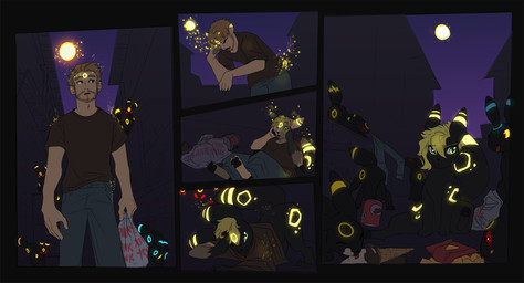 ambiguous_gender before_and_after blonde_hair body_part_growth bottomwear bread building clothing dessert eating feral food forced forced_transformation full_moon group growth hair holding_bag human_to_feral ice_cream male moon night nude outside pants shirt species_transformation surprised tail tail_growth topwear transformation transformation_sequence nolidae nintendo pokemon eeveelution generation_2_pokemon human mammal pokemon_(species) shiny_pokemon umbreon 2022 hi_res