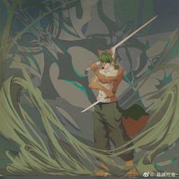 abstract_background anthro black_clothing black_underwear bottomwear clothed clothing front_view fur glistening glistening_eyes green_body green_bottomwear green_clothing green_eyes green_fur green_hair green_pants hair holding_knife holding_melee_weapon holding_object holding_sword holding_weapon knife looking_at_viewer male melee_weapon mouth_closed navel orange_body orange_fur pants solo standing sword topless underwear unsigned weapon white_body white_fur awaldkize canid mammal 1:1 absurd_res full-length_portrait hi_res portrait
