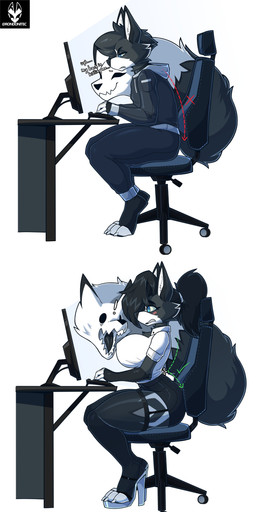 anthro big_breasts black_body black_bottomwear black_clothing black_fur black_hair black_legwear black_pants black_skirt black_thigh_highs blue_eyes bottomwear breasts chair clothed clothed_anthro clothed_female clothed_male clothing computer dialogue duo electronics female footwear fur furniture garter_straps gender_transformation hair high_heels hoodie legwear living_tail male mtf_transformation multicolored_body multicolored_fur pants ponytail shirt shoes sitting skirt tail text thigh_highs topwear transformation two_tone_body two_tone_fur unusual_anatomy unusual_tail white_body white_clothing white_footwear white_fur white_high_heels white_shirt white_topwear rondonite correct_gaming_posture aki_(rubydafloof) canid canine fox mammal 2025 absurd_res english_text hi_res