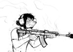 anthro earmuffs electronics evil_laugh eyes_closed female gun hair hair_bun headphones holding_gun holding_object holding_ranged_weapon holding_rifle holding_weapon ranged_weapon rifle semi-automatic silencer smoke smoking_gun solo text weapon hladilnik marylin_(hladilnik) american_opossum mammal marsupial 2025 black_and_white comic english_text hi_res monochrome