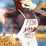 anthro apron arm_scar black_body black_scales blue_eyes bone clothing dorsal_fin dorsal_frill ear_fins ear_frill fin food frill_(anatomy) holding_plate horn logo male mask muscular muscular_anthro muscular_male offering_food offering_to_viewer pecs red_frill scales scar skull skull_mask sky solo steam text text_on_clothing citsy_404 mythology morgus_orville aquatic_dragon dragon marine mythological_creature mythological_scalie scalie artist_logo digital_media_(artwork) english_text hi_res