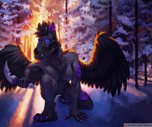 anthro feathers female hunting knife landscape patreon_logo snow solo sunset text wings conditional_dnp danza patreon canid canine canis demon mammal wolf english_text url