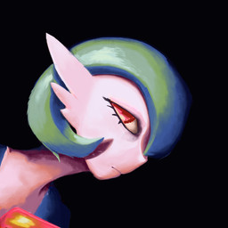 ambiguous_gender black_background fur green_hair hair looking_away pink_body red_eyes simple_background solo white_body white_fur halfbaked-hope nintendo pokemon gardevoir generation_3_pokemon pokemon_(species) 1:1 2026 absurd_res digital_media_(artwork) digital_painting_(artwork) headshot_portrait hi_res painting_(artwork) portrait