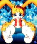 4_toes barefoot bottomwear clothing countershade_feet countershading electronics feet foot_focus headphones humanoid_feet looking_at_viewer male pants plantigrade sitting soles solo teasing toes topwear vest yellow_body ryoo bandai_namco digimon appmon appmon_(species) digimon_(species) humanoid musimon