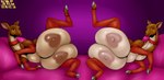 areola big_teats brown_areola brown_body brown_nipples clothing crotch_breasts duo eyelashes female feral front_view glistening glistening_eyes heart_nipples huge_teats legwear lips logo looking_at_viewer lying narrowed_eyes nipples on_side red_clothing red_legwear red_lips simple_background spread_legs spreading take_your_pick tan_areola tan_body tan_nipples teats romman08 deer mammal 2023 artist_logo dated hi_res