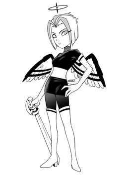 armwear boots clothed clothing elbow_gloves feathered_wings feathers female footwear gloves halo handwear high_heeled_boots high_heels legwear melee_weapon not_furry shoes simple_background solo sword thigh_boots thigh_highs weapon white_background wings enaic31 hazbin_hotel hellaverse lute_(hazbin_hotel) angel angel_humanoid humanoid absurd_res hi_res monochrome