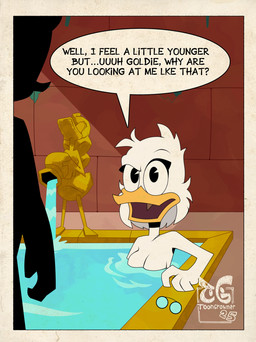 beak breasts cleavage clothed clothing crossgender dialogue duo eyelashes eyewear feathers female gender_transformation glasses mtf_transformation sculpture statue swimming_pool text transformation water toongrowner disney ducktales ducktales_(2017) scrooge_mcduck anatid anseriform avian bird duck digital_media_(artwork) english_text hi_res