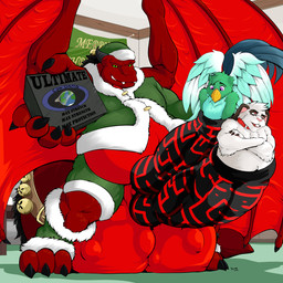 2_penises anthro balls balls_on_ground beak bell big_balls big_penis body_in_urethra brown_body brown_fur claws clothing cock_vore condom_box costume crossed_arms feathers feet feet_first fur genitals green_body green_feathers group huge_balls huge_penis hyper hyper_balls hyper_genitalia hyper_penis inside knot knotted_penis larger_pred male male/male male_pred male_prey merry_christmas multi_genitalia multi_penis multiple_prey nude_prey partially_inside penile penis red_body santa_costume size_difference text trio two_prey_at_once vore white_body white_fur wings pandottermon slyther 1:1 colored english_text hi_res