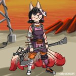 9_tails anthro clothed clothing female fur markings mask melee_weapon multi_tail red_markings solo tail weapon white_body white_fur yorudan/yoru doathejackalope 2k_games borderlands tiny_tina canid canine fox mammal 1:1 absurd_res hi_res monochrome red_and_white