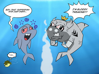 angry bloodshot_eyes clenched_teeth crown dialogue duo feral headgear male pupils sharp_teeth square_pupils substance_intoxication teeth text thought_bubble underwater vein water mysteryfanboy91 gameoverse glitch_productions flappers_(gameoverse) snappers_(gameoverse) aquatic cetacean dolphin fish mammal pufferfish shark tetraodontiform toothed_whale english_text hi_res