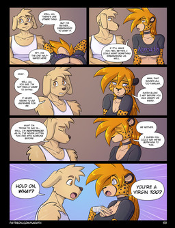 anthro biped black_nose blush breasts brown_eyes clothed clothing dialogue duo eyebrows eyes_closed female fur male open_mouth speech_bubble standing tan_body tan_fur text under_boob yellow_body yellow_fur conditional_dnp kadath dynamite_(kadath) rory_(kadath) bird_dog canid canine canis cheetah domestic_dog felid feline hunting_dog labrador mammal retriever 2025 comic english_text hi_res url