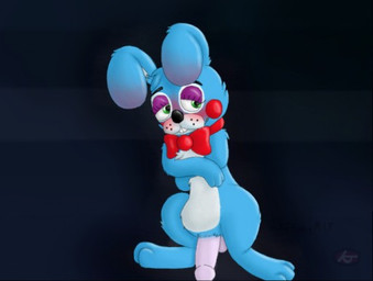 alternate_species anthro anthrofied balls black_background blue_body blue_fur blush bow_(feature) bow_tie erection fluffy fur furrification genitals green_eyes male penis red_bow_tie shy simple_background solo kjyukinix five_nights_at_freddy's five_nights_at_freddy's_2 scottgames toy_bonnie_(fnaf) hare lagomorph leporid mammal rabbit